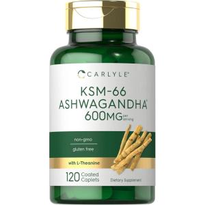 imageCarlyle KSM66 Ashwagandha 600mg  120 Caplets  Extract Supplement with LTheanine  Vegan NonGMO Gluten Free120 Count Pack of 1