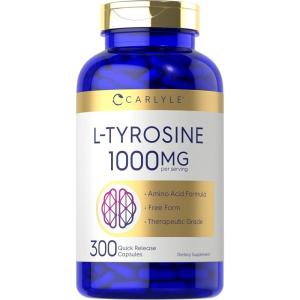 imageCarlyle L Tyrosine Capsules 1000mg  300 Count  Therapeutic Grade  for Men and Women  NonGMO ampamp Gluten Free Supplement