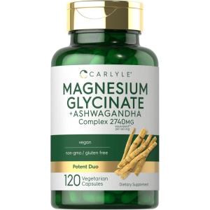 imageCarlyle Magnesium Glycinate with Ashwagandha  2740mg Complex  120 Vegetarian Capsules  Potent Duo  NonGMO and Gluten Free Supplement