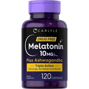 imageCarlyle Melatonin 10mg  120 Capsules  with Ashwagandha  Triple Strength Formula  NonGMO Gluten Free Supplement