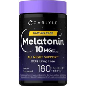 image:imageCarlyle Melatonin 10mg  180 Time Release Tablets  All Night Support  with Vitamin B6  100 Drug Free Supplement  Vegan NonGMO Gluten Free