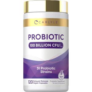 image:imageCarlyle Probiotic 100 Billion CFU  120 Capsules  Delayed Release  31 Probiotic Strains  with Prebiotic Fiber  Vegan Non GMO Gluten Free