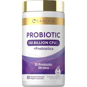 image:imageCarlyle Probiotic with Prebiotics  150 Billion CFU  30 Capsules  Delayed Release  31 Probiotic Strains  with Prebiotic Fiber  Vegan Non GMO Gluten Free
