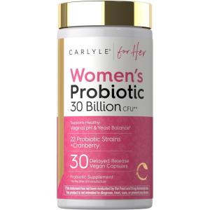 image:imageCarlyle Womens 30 Billion CFU Probiotic  Supported by 22 Strains Plus Cranberry  30 Capsules  Supports Healthy Vaginal ph and Yeast Balance  Vegan NonGMO and Gluten Free  for Her